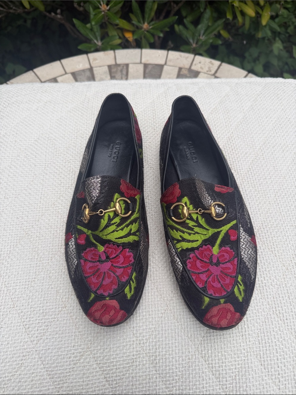 Gucci Black Floral Embroidered Horsebit Loafers